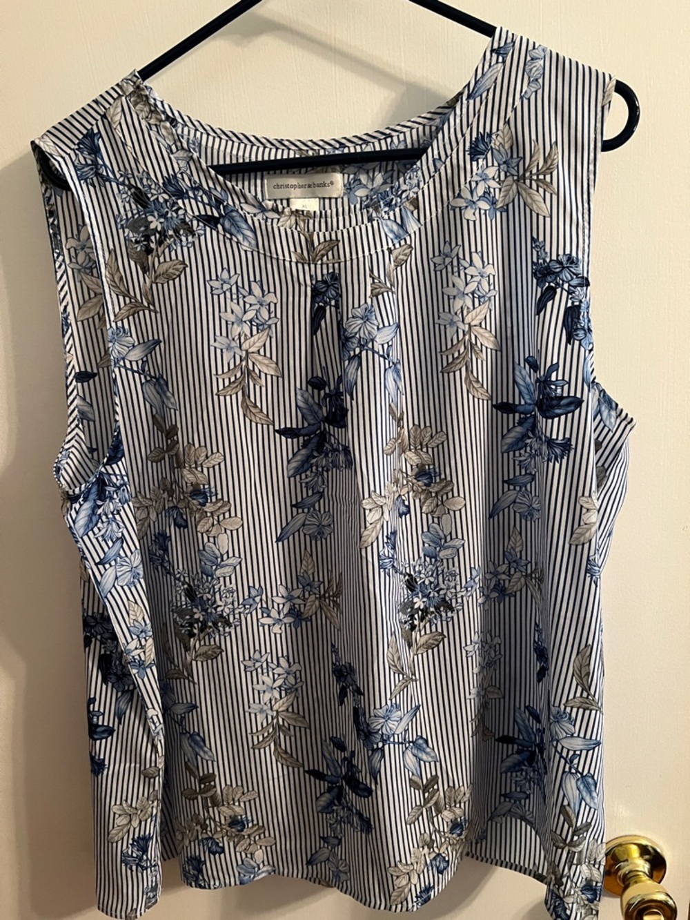 Christopher & Banks Navy and White Floral Stripe Sleeveless Shell